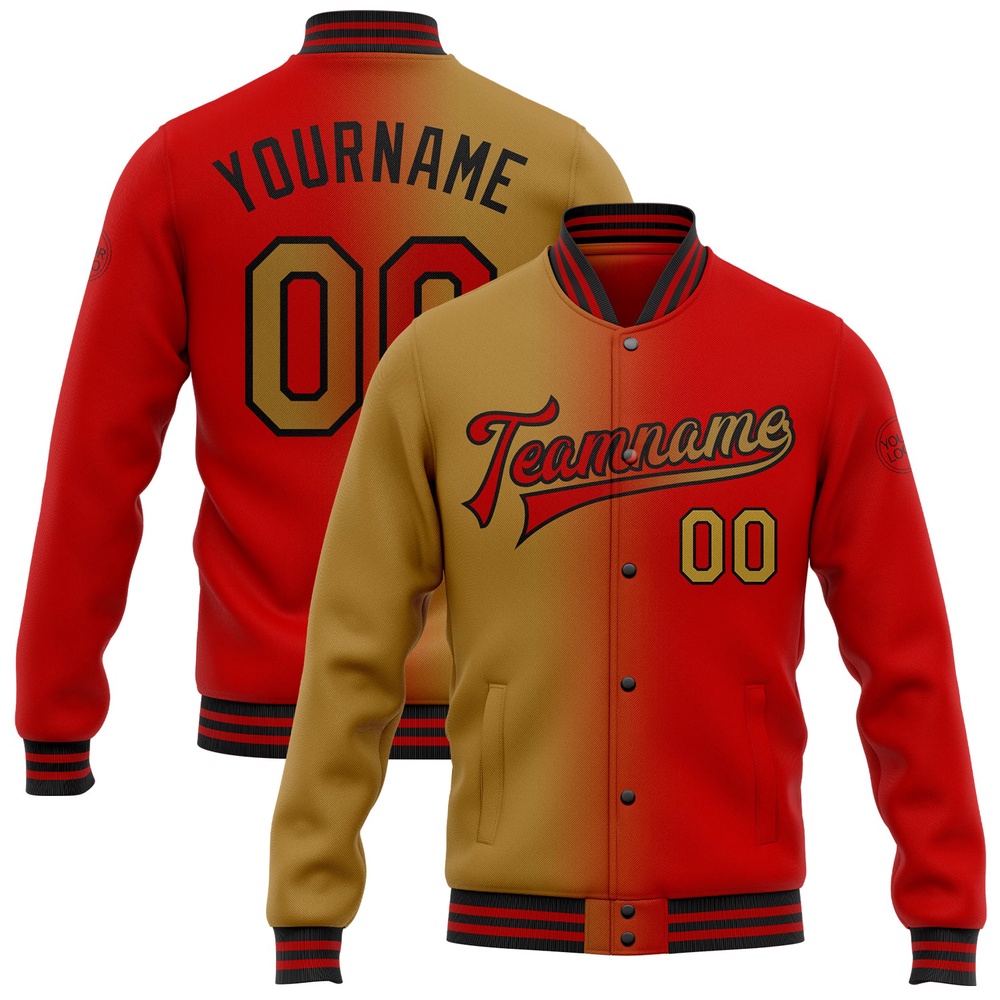 Custom Red Old Gold Black Bomber Full Snap Varsity Letterman Gradient Fashion Jacket, Custom Team Jacket