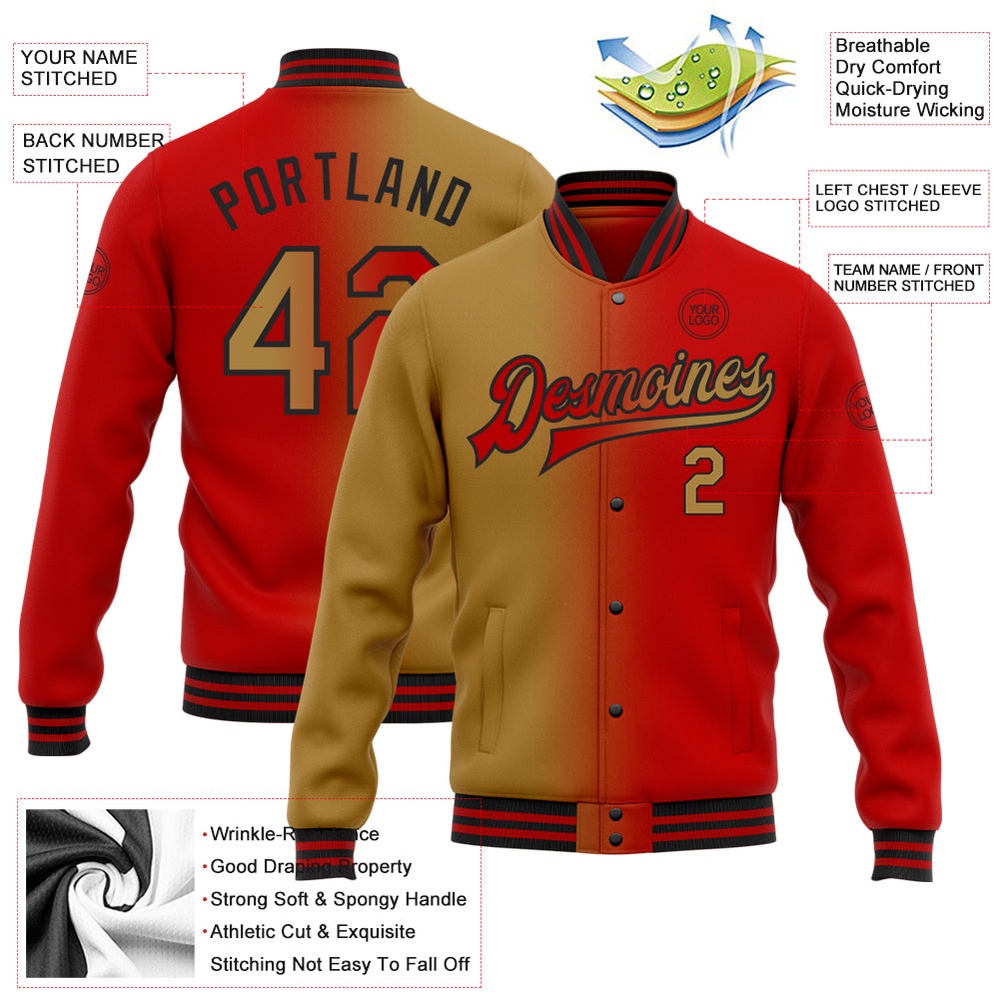 Custom Red Old Gold Black Bomber Full Snap Varsity Letterman Gradient Fashion Jacket, Custom Team Jacket