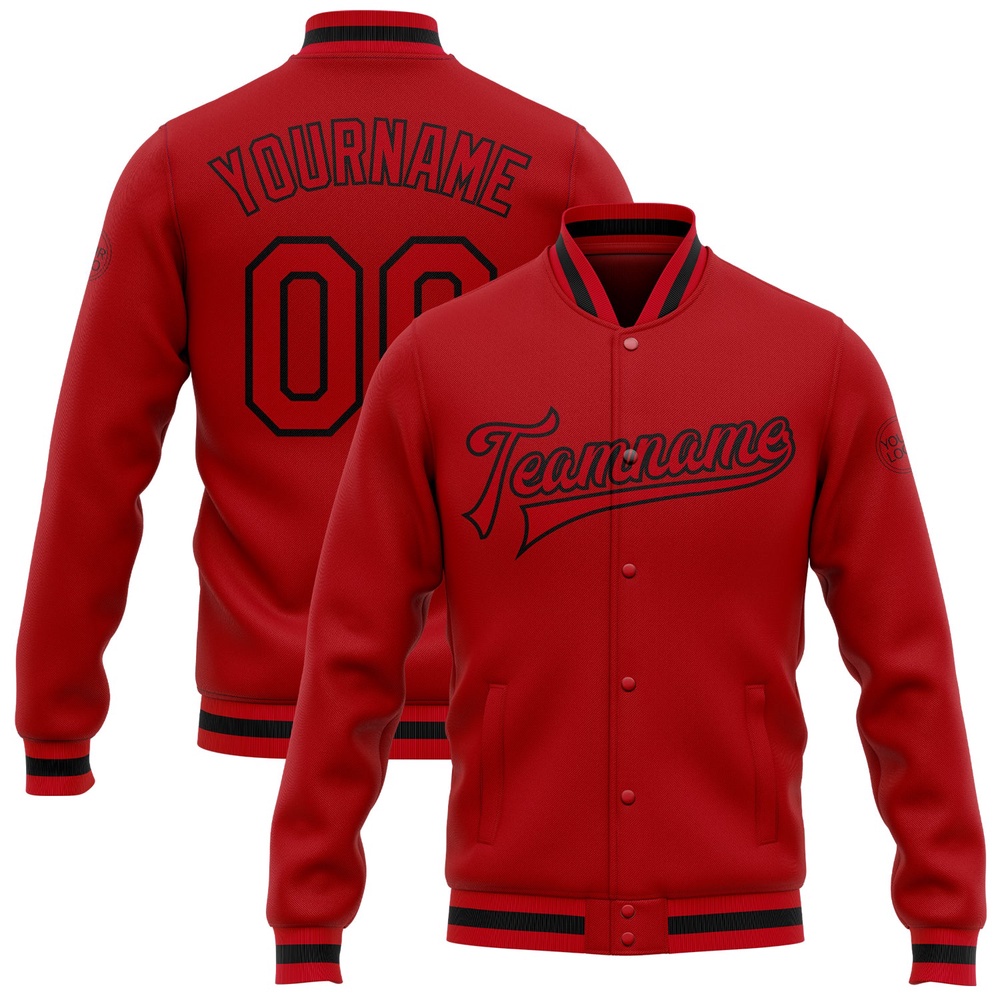 Custom Red Red Black Bomber Full Snap Baseball Jacket, Custom Team Jacket