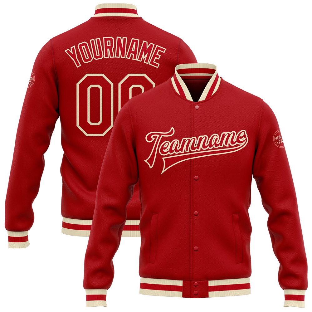 Custom Red Red Cream Bomber Full Snap Baseball Jacket, Custom Team Jacket