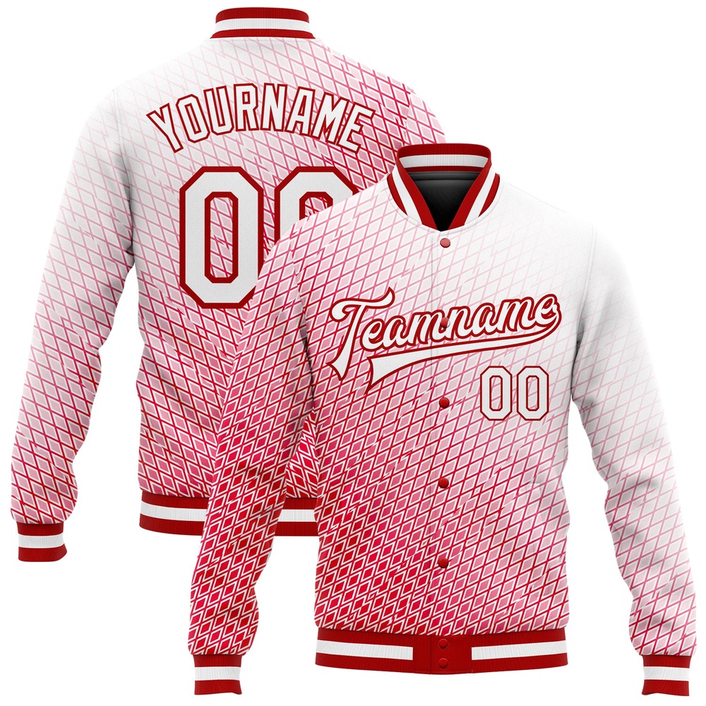 Custom Red White 3D Pattern Design Bomber Full Snap Baseball Jacket, Custom Team Jacket