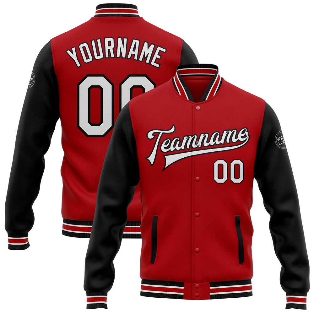 Custom Red White Black Bomber Full Snap Varsity Baseball Jacket, Custom Team Jacket