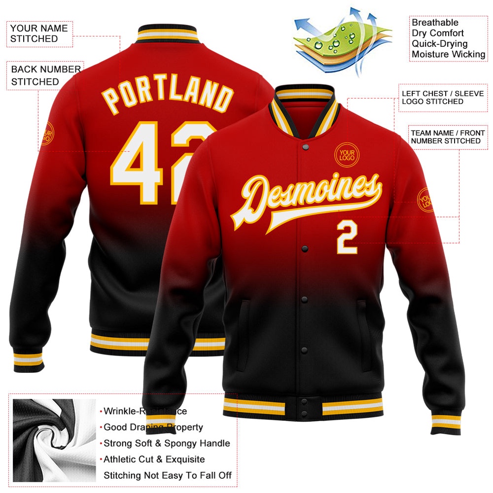 Custom Red White Black Gold Bomber Full Snap Baseball Jacket, Custom Team Jacket