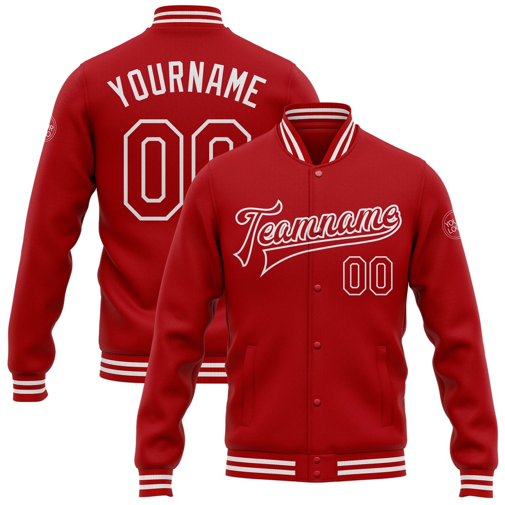 Custom Red White Bomber Full Snap Baseball Jacket, Custom Team Jacket