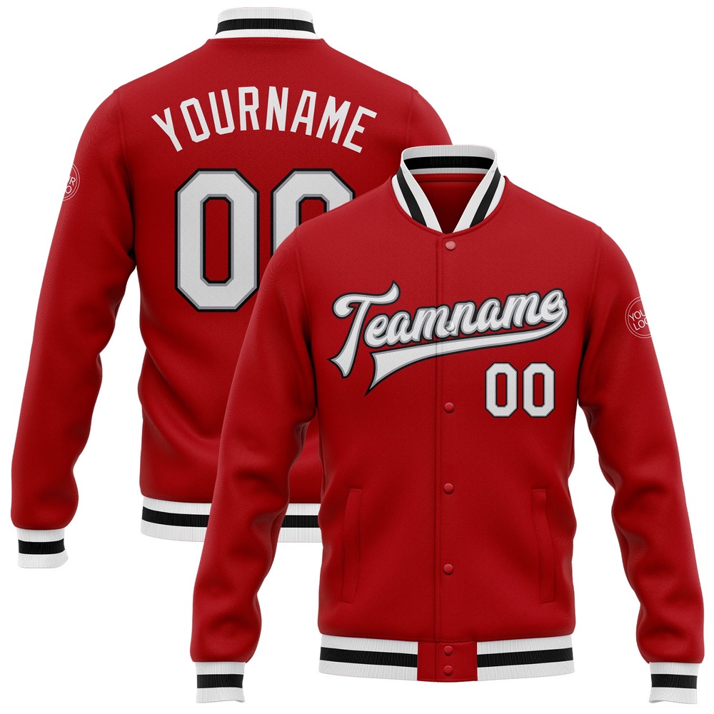 Custom Red White Gray Black Bomber Full Snap Baseball Jacket, Custom Team Jacket