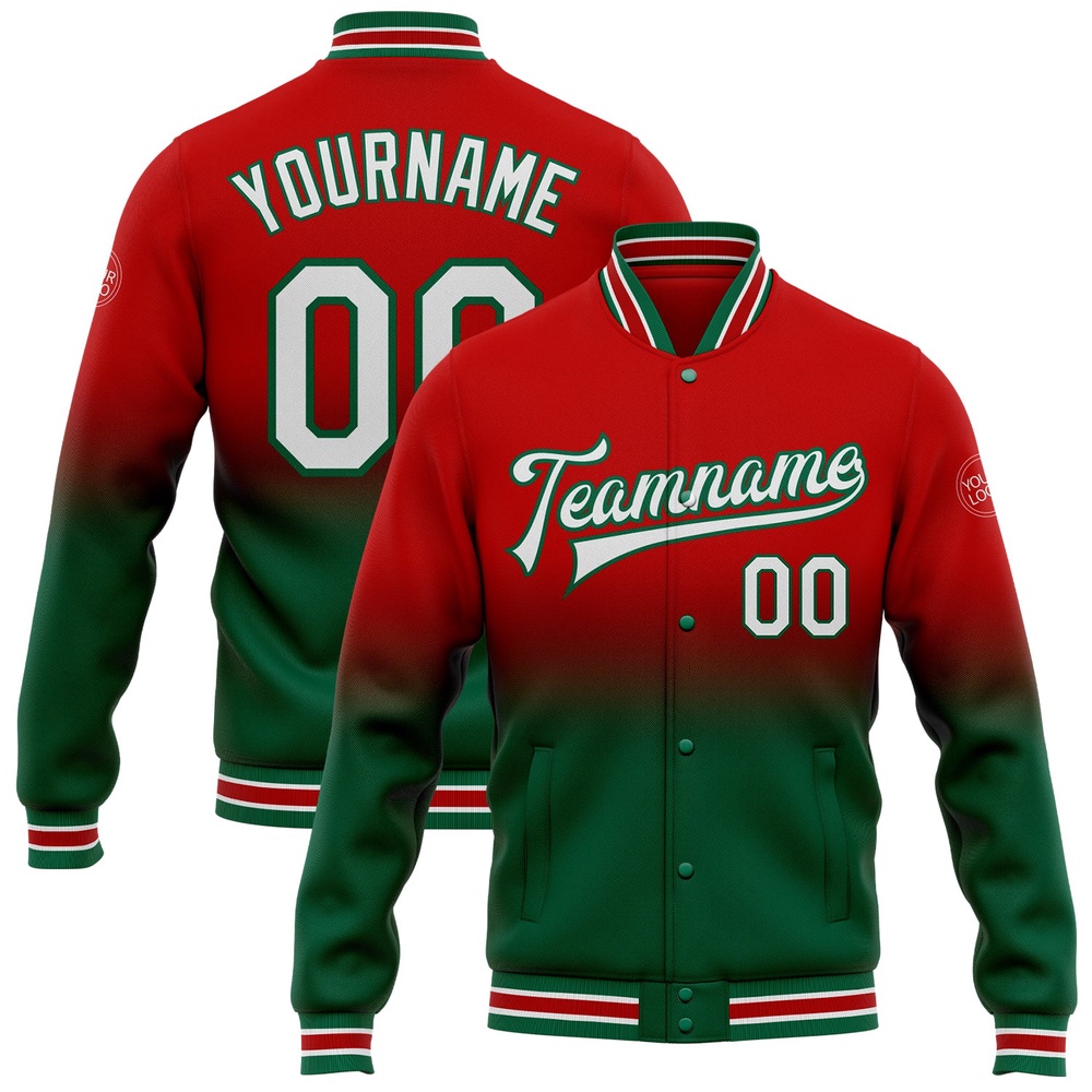 Custom Red White Kelly Green Bomber Full Snap Baseball Jacket, Custom Team Jacket