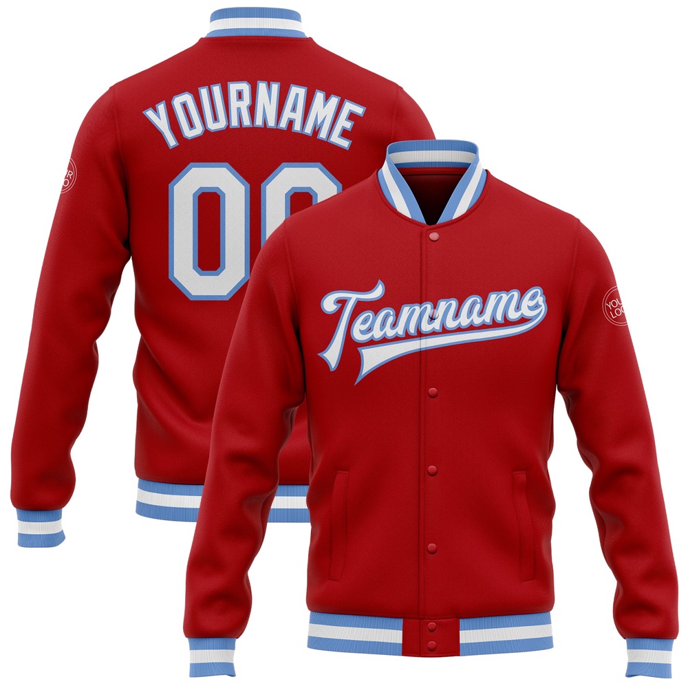 Custom Red White Light Blue Bomber Full Snap Baseball Jacket, Custom Team Jacket