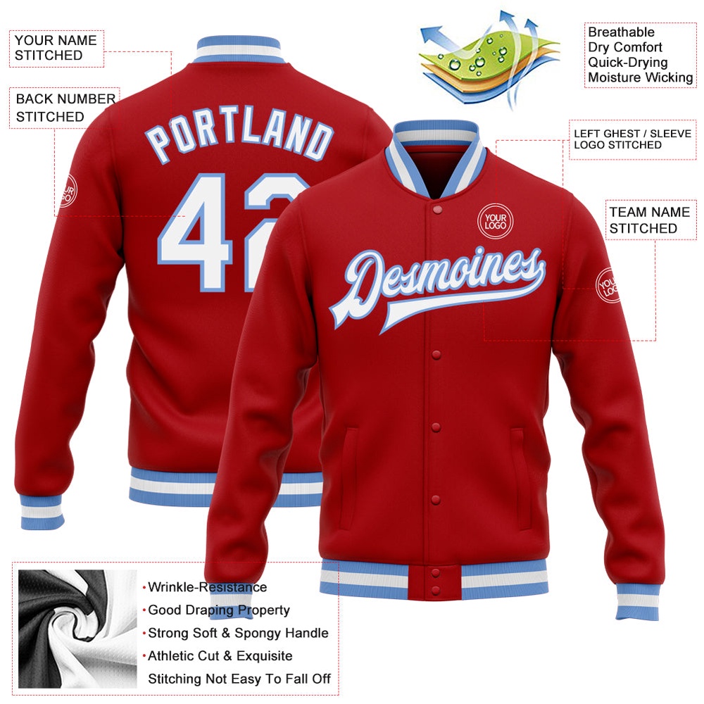 Custom Red White Light Blue Bomber Full Snap Baseball Jacket, Custom Team Jacket