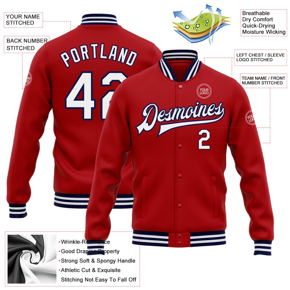 Custom Red White Navy Bomber Full Snap Baseball Jacket, Custom Team Jacket