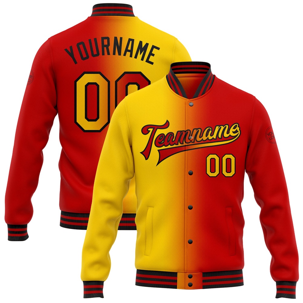 Custom Red Yellow Black Bomber Full Snap Varsity Letterman Gradient Fashion Jacket, Custom Team Jacket