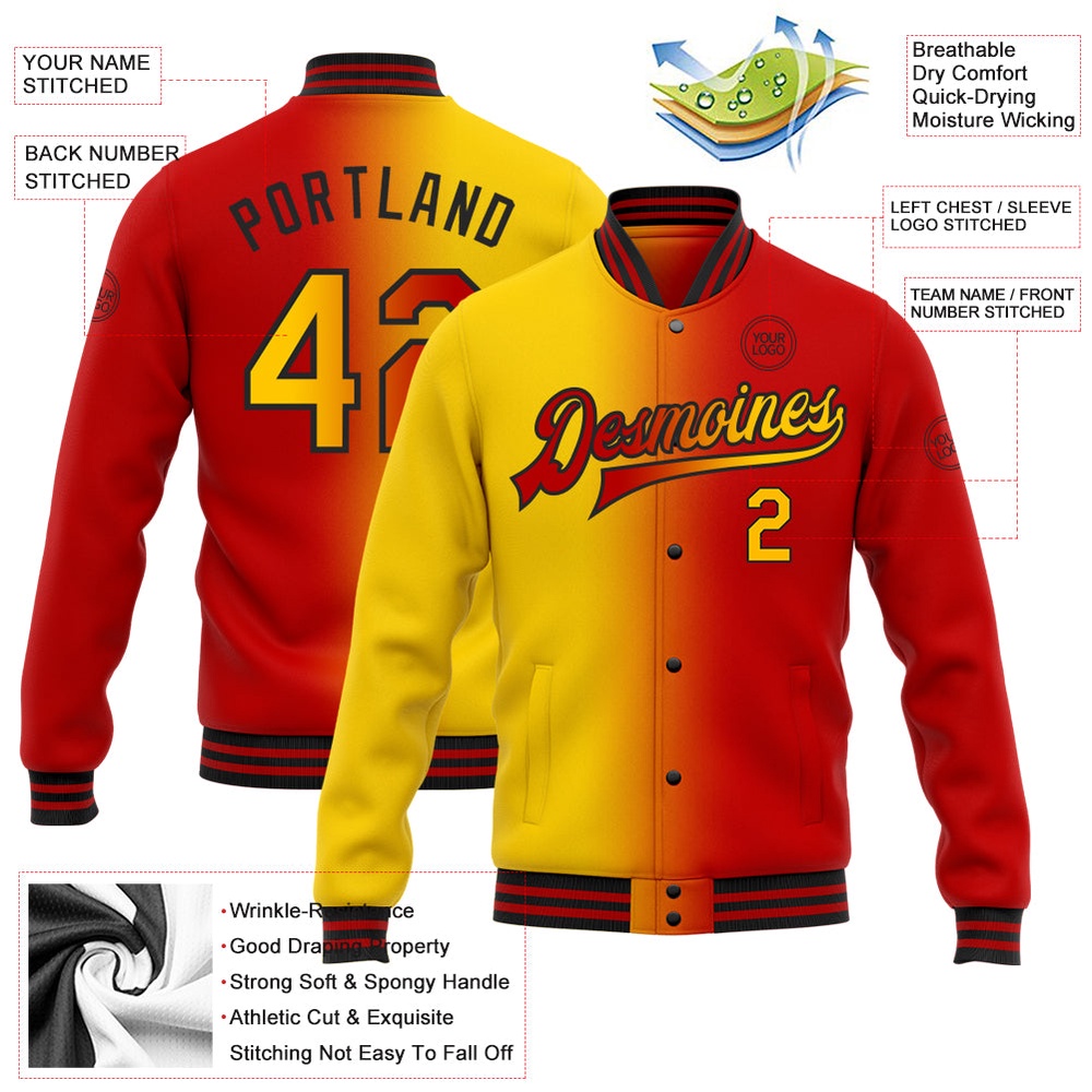 Custom Red Yellow Black Bomber Full Snap Varsity Letterman Gradient Fashion Jacket, Custom Team Jacket