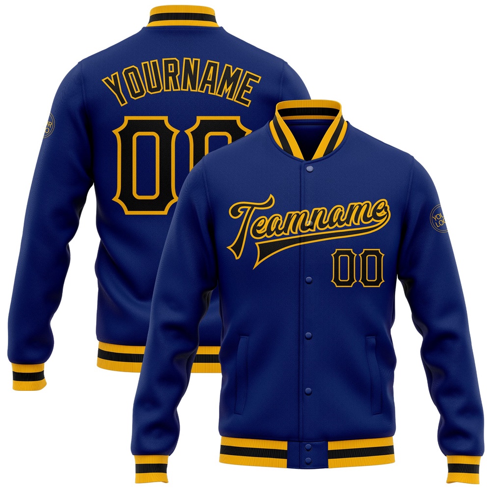 Custom Royal Black Gold Bomber Full Snap Baseball Jacket, Custom Team Jacket