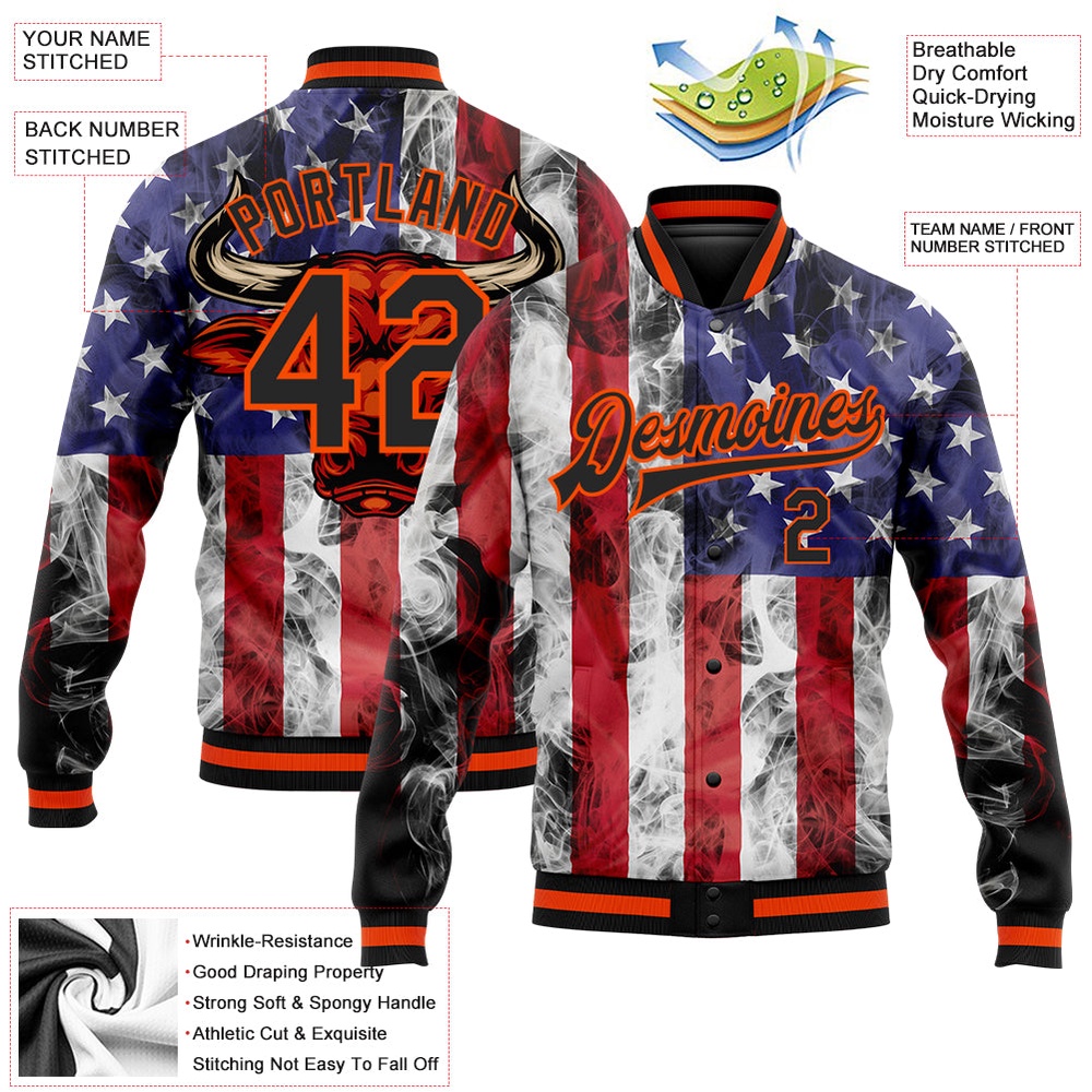 Custom Royal Black Orange Red American Flag With Head Of Bull 3D Pattern Design Bomber Full Snap Baseball Jacket, Custom Team Jacket