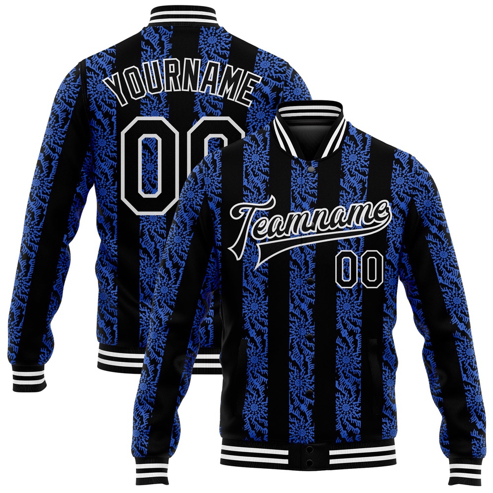 Custom Royal Black White 3D Pattern Design Bomber Full Snap Baseball Jacket, Custom Team Jacket