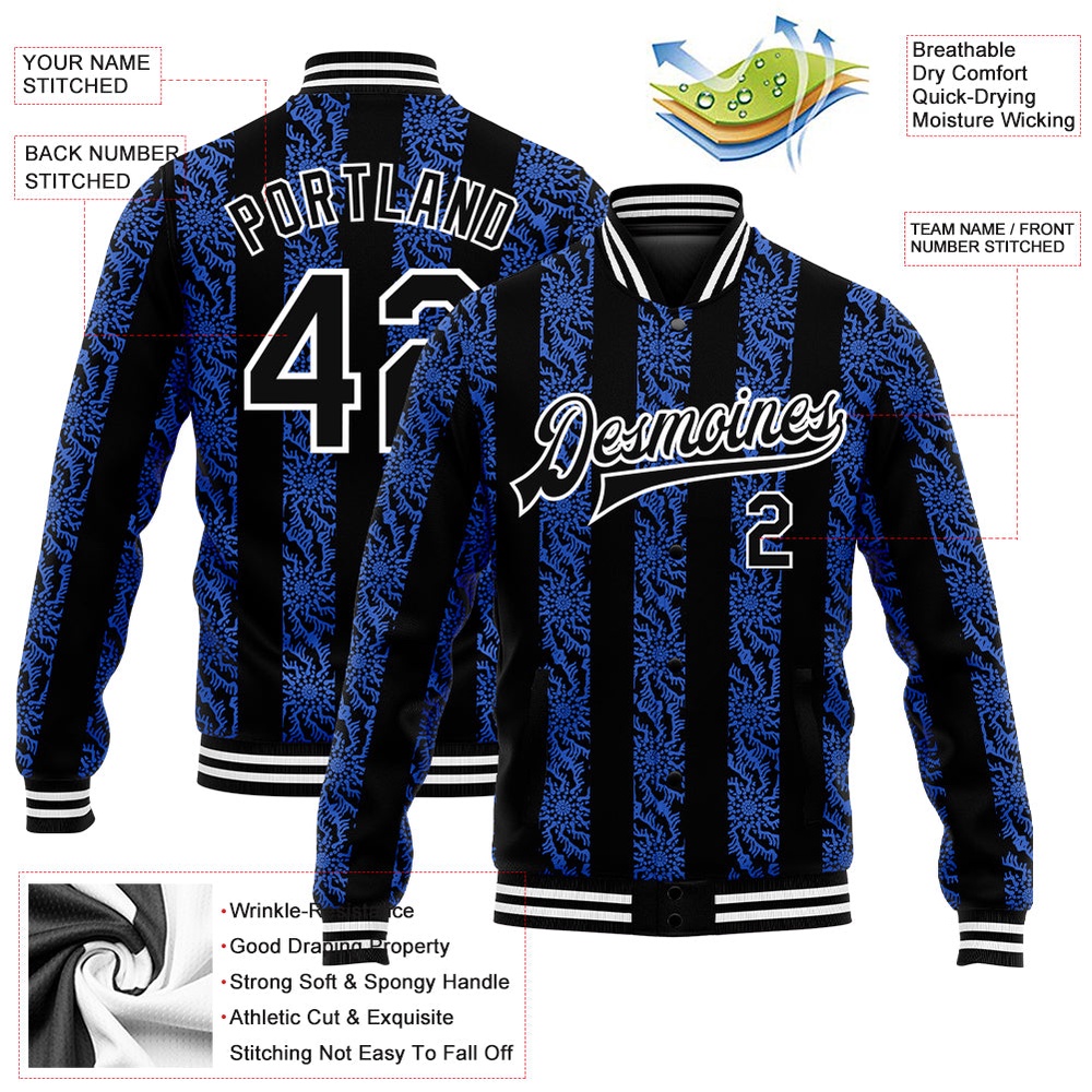 Custom Royal Black White 3D Pattern Design Bomber Full Snap Baseball Jacket, Custom Team Jacket