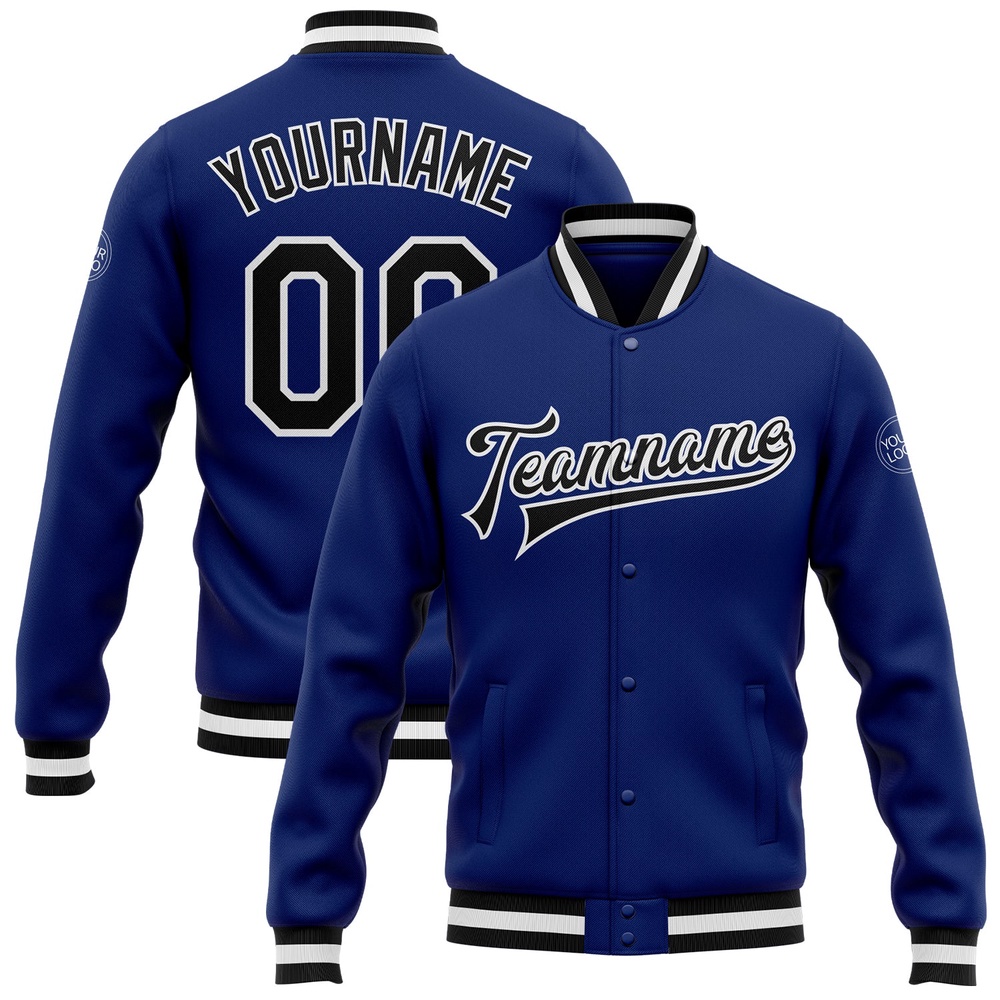 Custom Royal Black White Bomber Full Snap Baseball Jacket, Custom Team Jacket