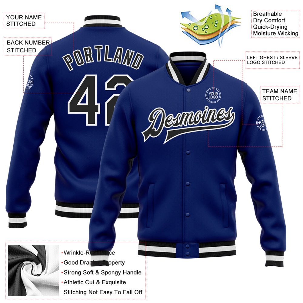 Custom Royal Black White Bomber Full Snap Baseball Jacket, Custom Team Jacket