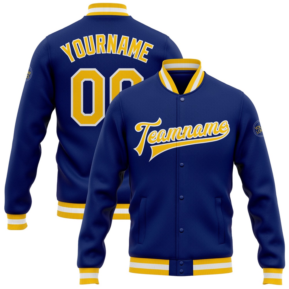 Custom Royal Gold White Bomber Full Snap Baseball Jacket, Custom Team Jacket