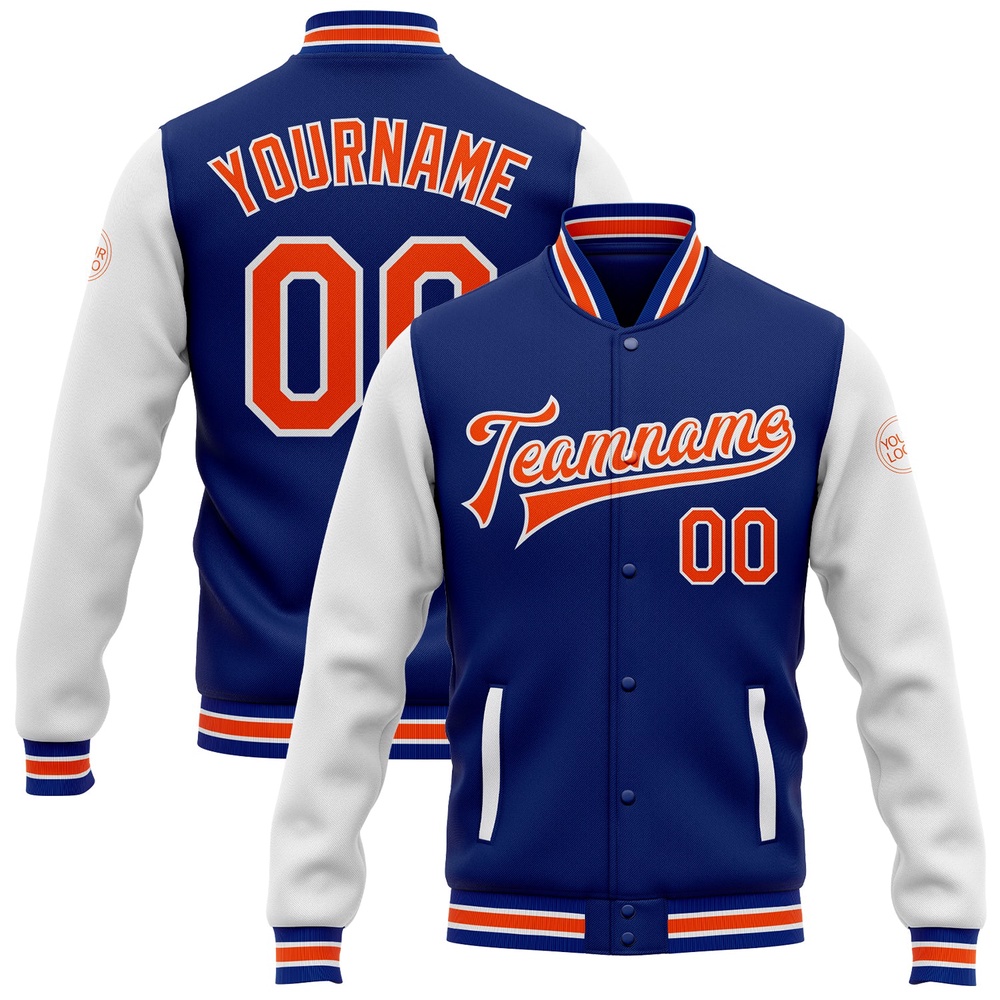 Custom Royal Orange White Bomber Full Snap Varsity Baseball Jacket, Custom Team Jacket