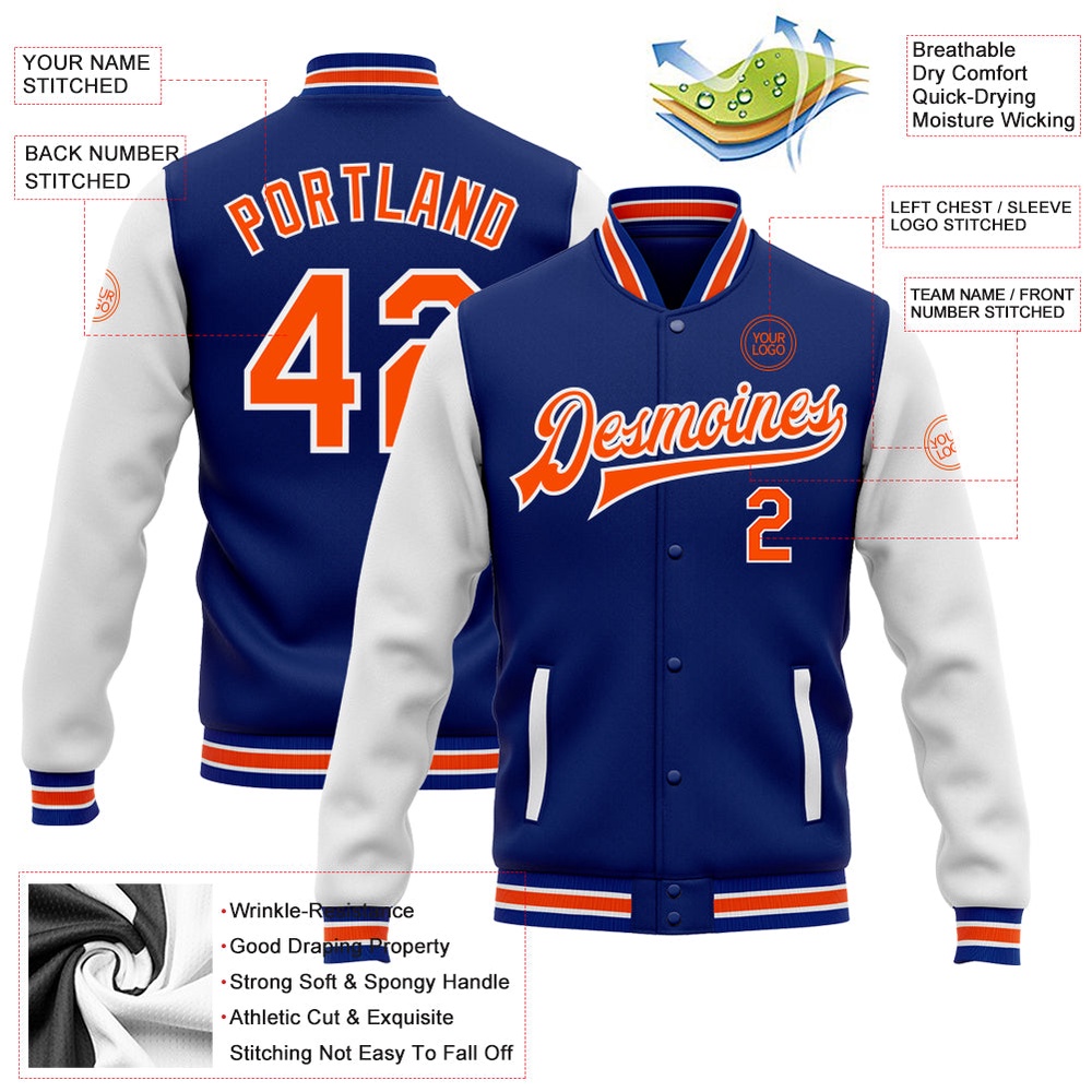 Custom Royal Orange White Bomber Full Snap Varsity Baseball Jacket, Custom Team Jacket