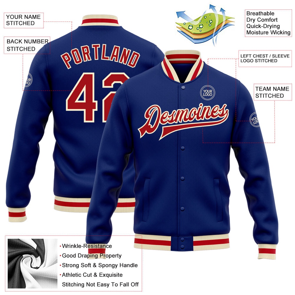 Custom Royal Red Cream Bomber Full Snap Baseball Jacket, Custom Team Jacket