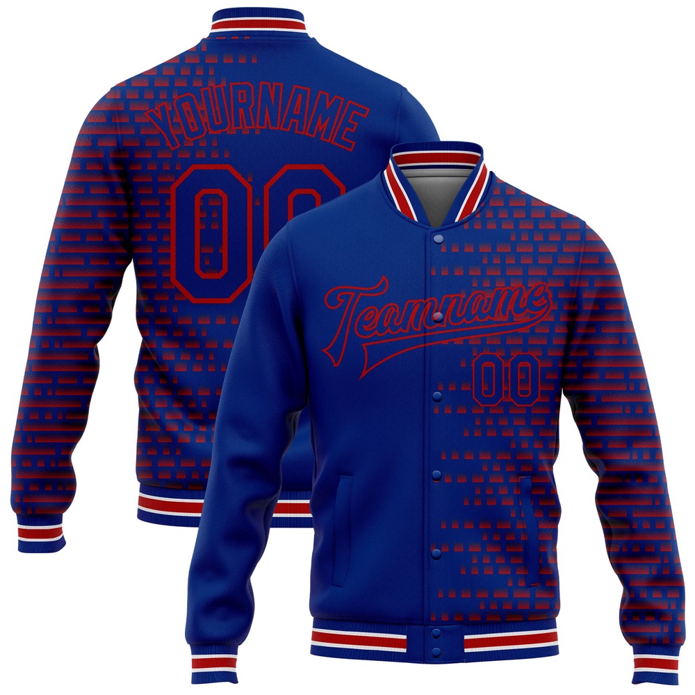 Custom Royal Red White Halftone 3D Pattern Design Bomber Full Snap Baseball Jacket, Custom Team Jacket