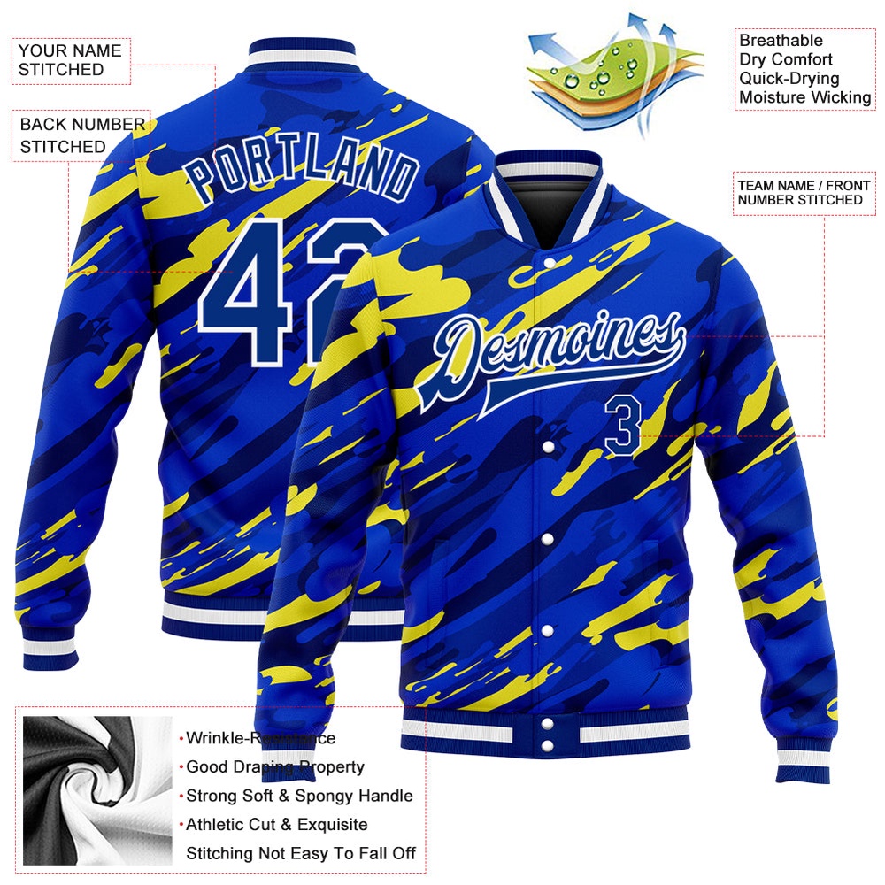 Custom Royal Royal Gold Black 3D Pattern Design Bomber Full Snap Baseball Jacket, Custom Team Jacket