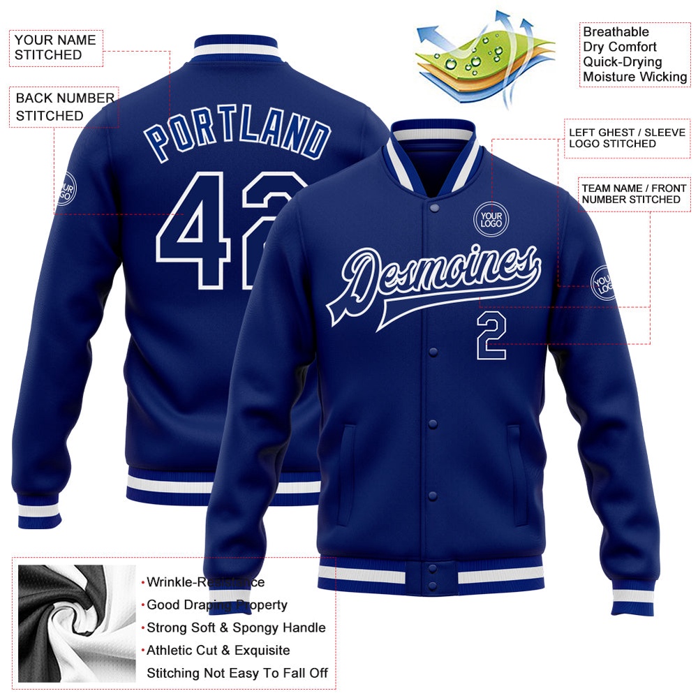 Custom Royal Royal White Bomber Full Snap Baseball Jacket, Custom Team Jacket