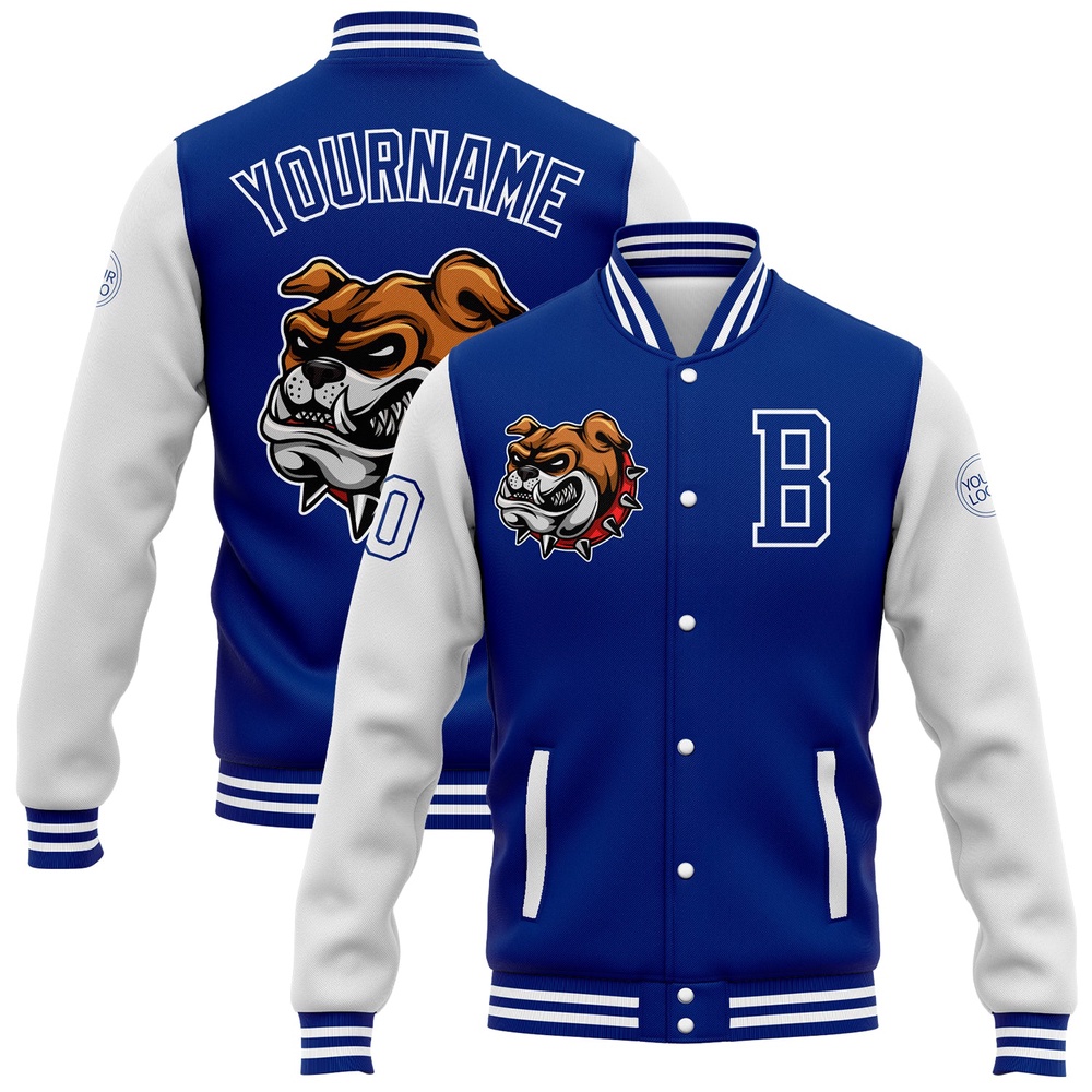 Custom Royal White 3D Pattern Design Bomber Full Snap Baseball Jacket, Custom Team Jacket