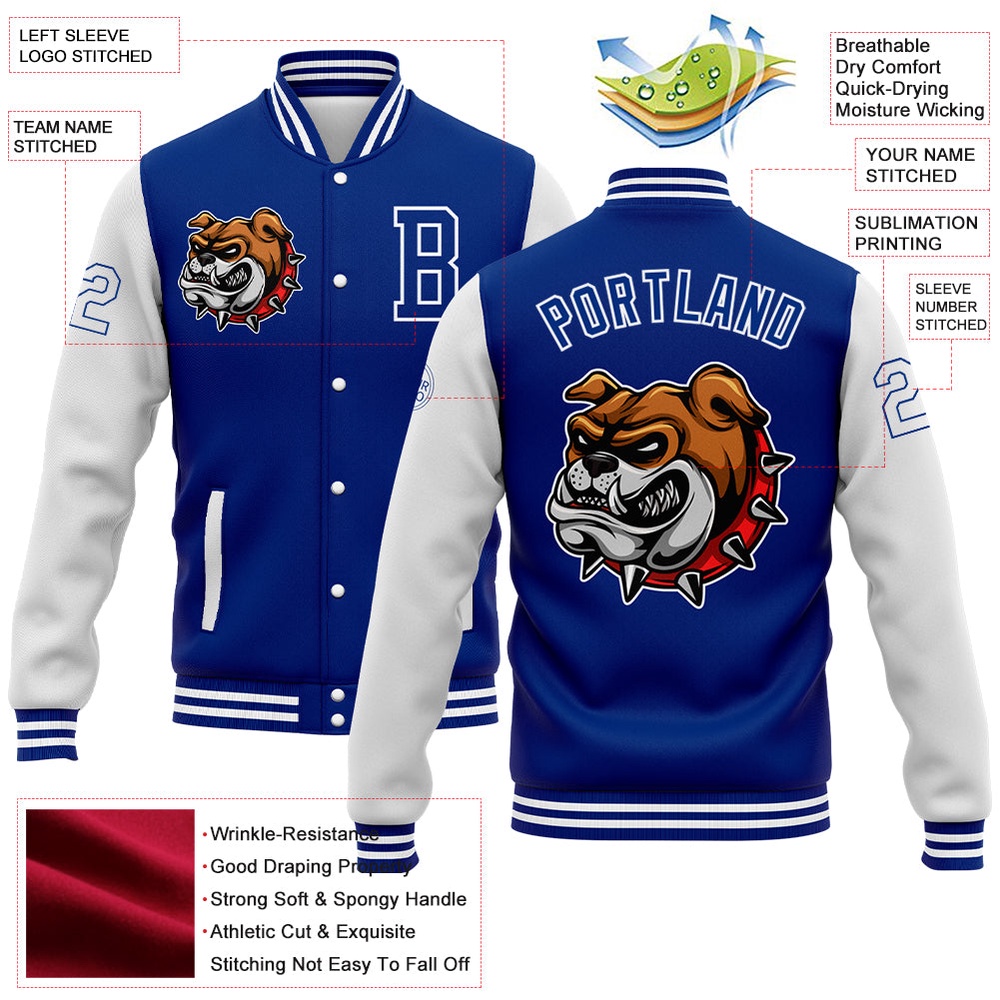 Custom Royal White 3D Pattern Design Bomber Full Snap Baseball Jacket, Custom Team Jacket