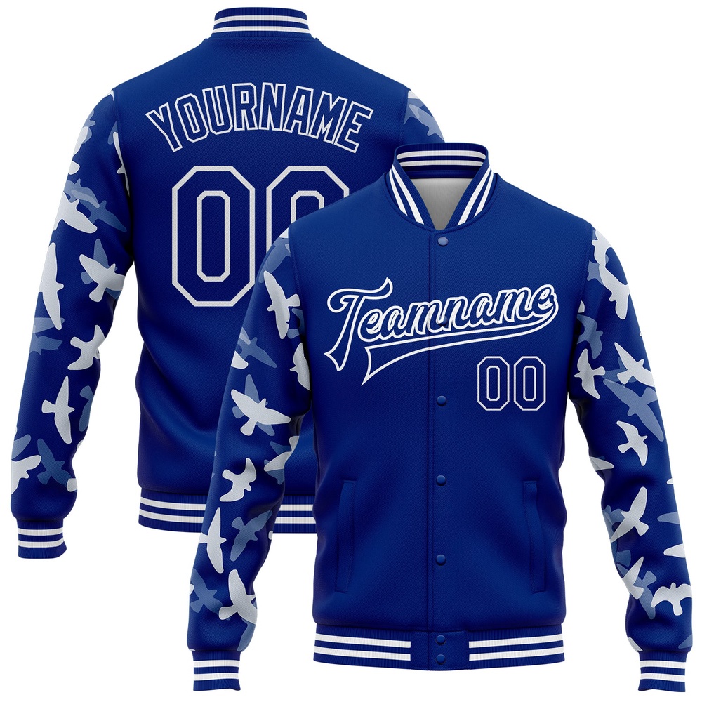 Custom Royal White Flying Bird Sleeves 3D Pattern Design Bomber Full Snap Baseball Jacket, Custom Team Jacket