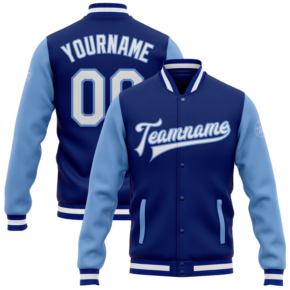 Custom Royal White Light Blue Bomber Full Snap Varsity Baseball Jacket, Custom Team Jacket