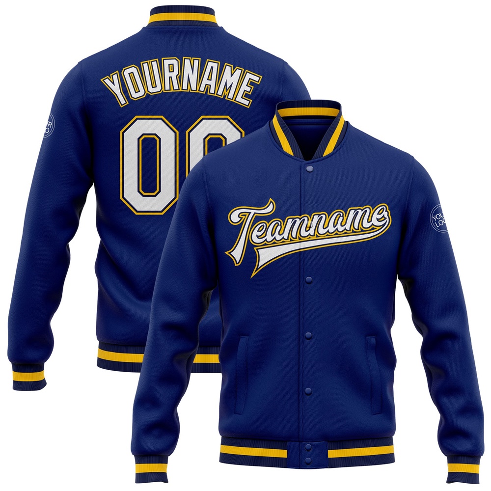 Custom Royal White Navy Gold Bomber Full Snap Baseball Jacket, Custom Team Jacket