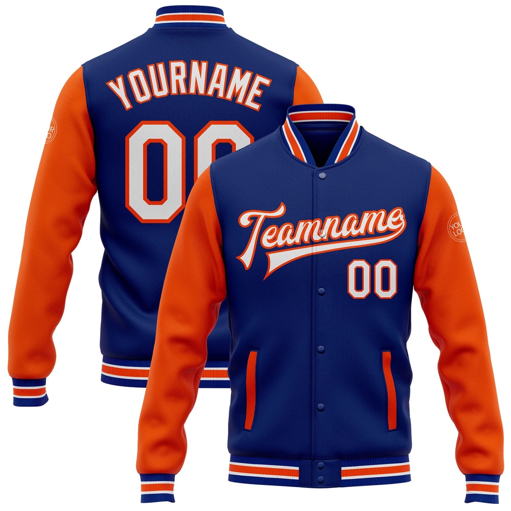 Custom Royal White Orange Bomber Full Snap Varsity Baseball Jacket, Custom Team Jacket