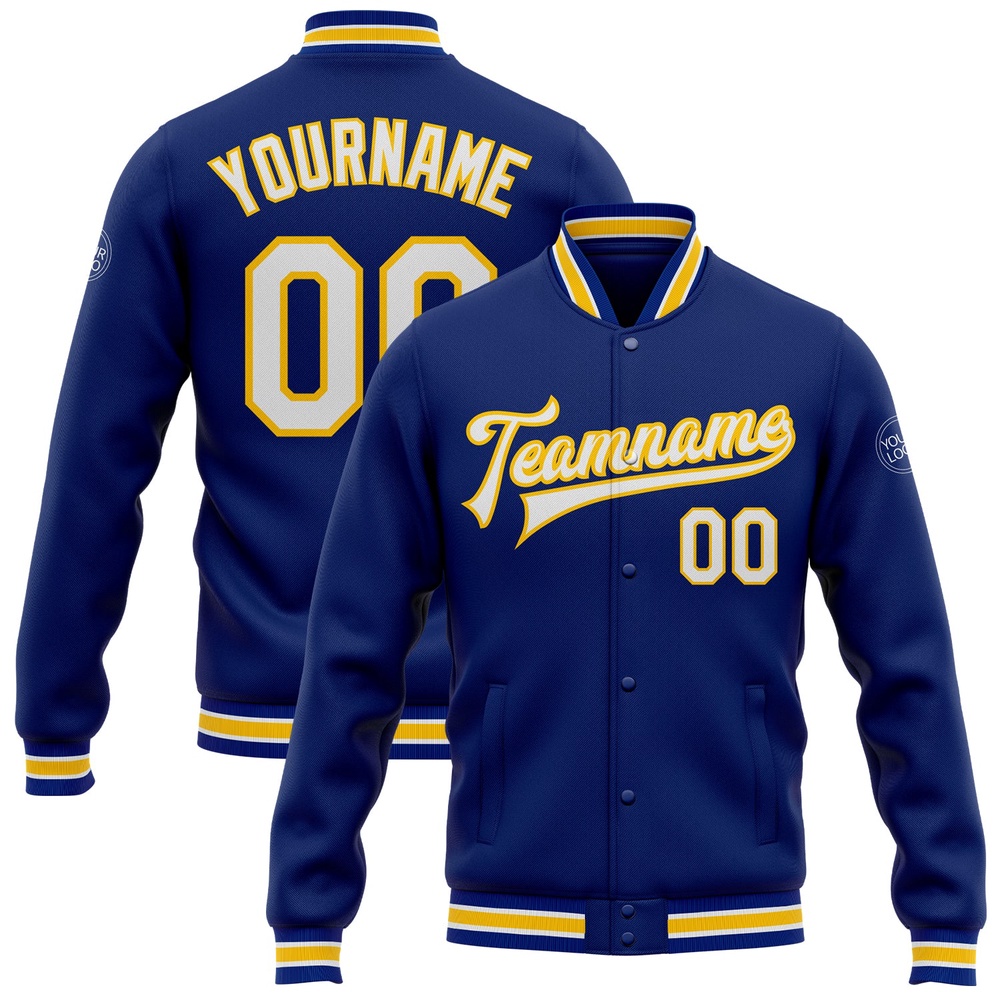 Custom Royal White Yellow Bomber Full Snap Baseball Jacket, Custom Team Jacket