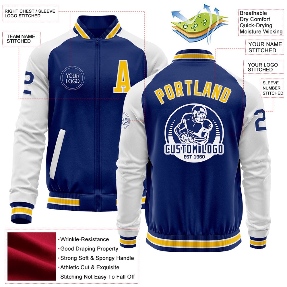 Custom Royal Yellow White Bomber Varsity Baseball Jacket, Custom Team Jacket