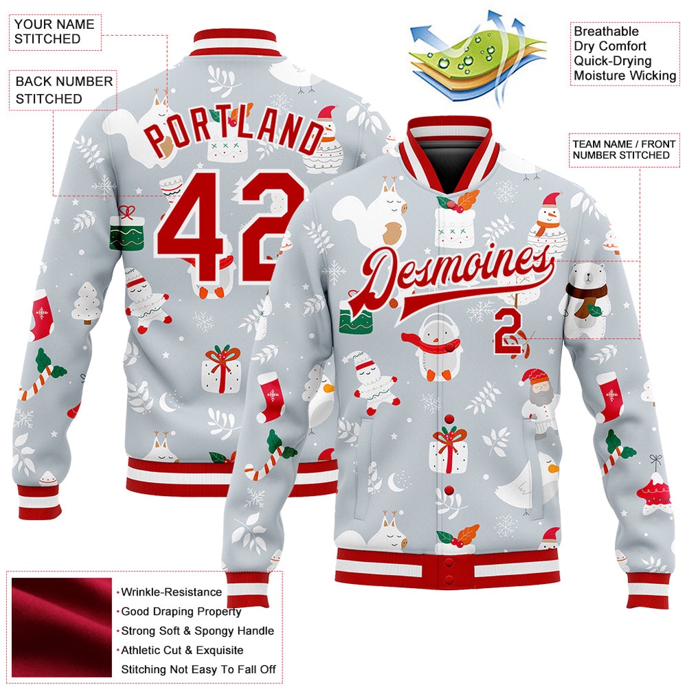 Custom Silver Red White Christmas 3D Bomber Full Snap Baseball Jacket, Custom Team Jacket
