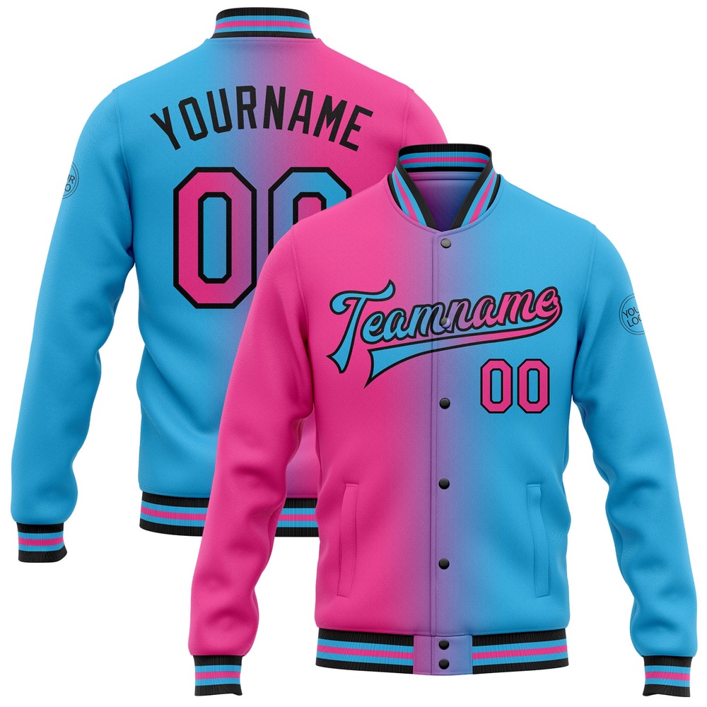 Custom Sky Blue Pink Black Bomber Full Snap Varsity Letterman Gradient Fashion Jacket, Custom Team Jacket