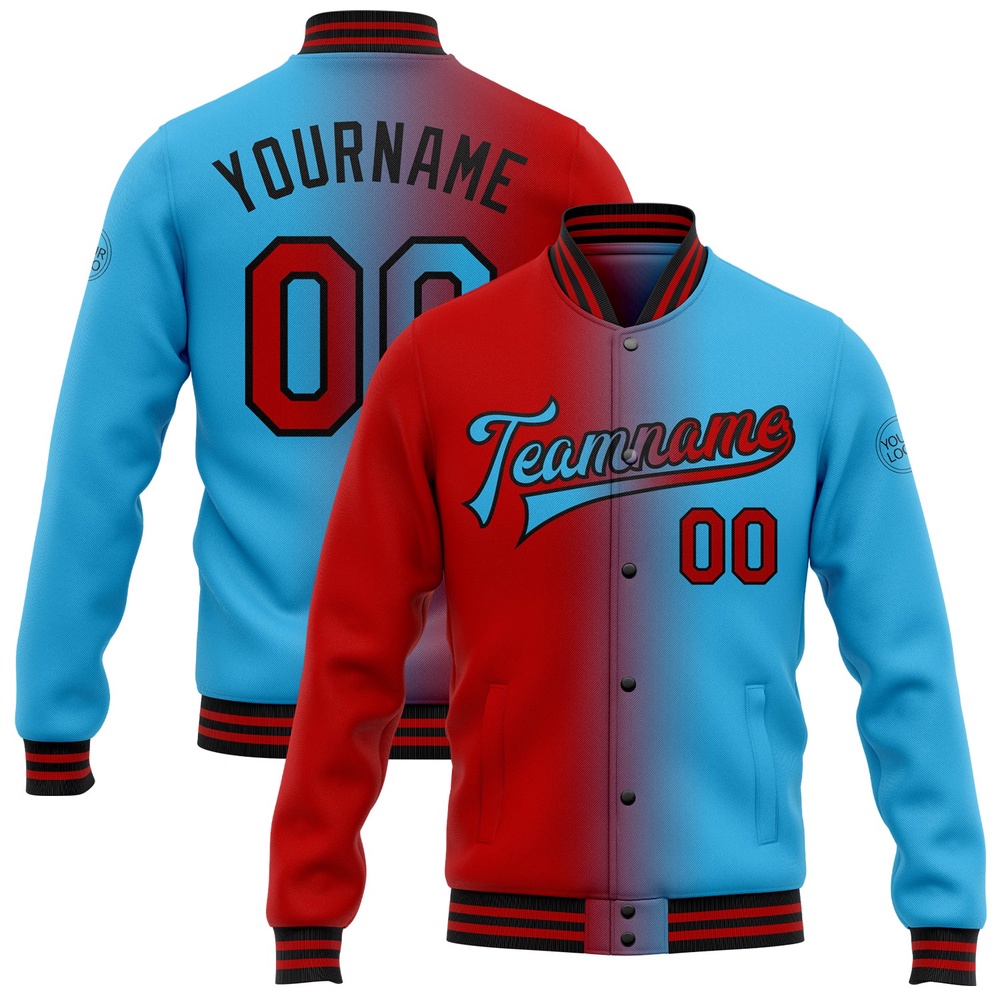 Custom Sky Blue Red Black Bomber Full Snap Varsity Letterman Gradient Fashion Jacket, Custom Team Jacket