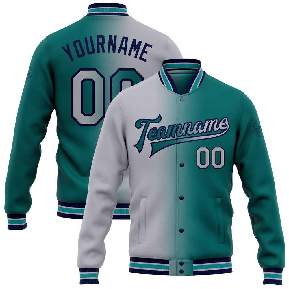 Custom Teal Gray Navy Bomber Full Snap Varsity Letterman Gradient Fashion Jacket, Custom Team Jacket