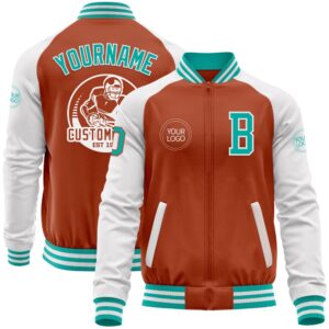 Custom Texas Orange Aqua White Bomber Varsity&hellip;