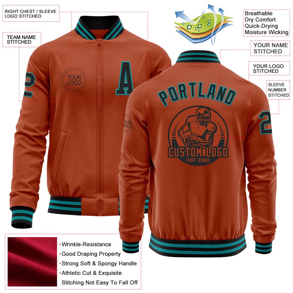Custom Texas Orange Black Teal Bomber Varsity Baseball Jacket, Custom Team Jacket