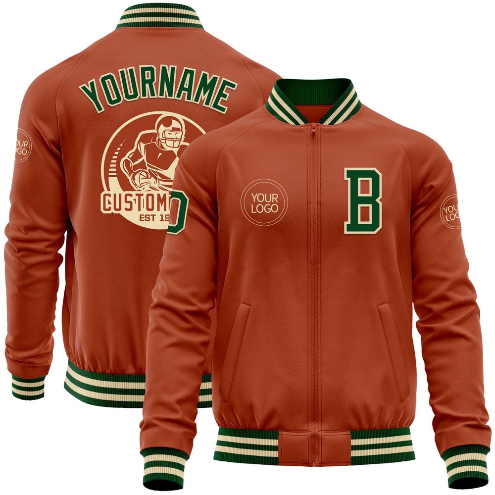 Custom Texas Orange Green Cream Bomber Varsity Letterman Zipper Jacket, Custom Team Jacket