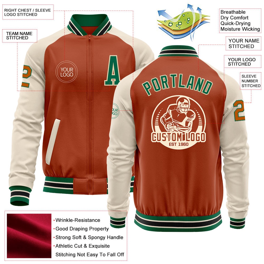 Custom Texas Orange Kelly Green Cream Black Bomber Varsity Baseball Jacket, Custom Team Jacket