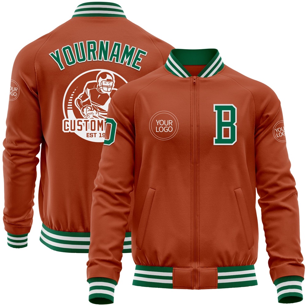 Custom Texas Orange Kelly Green White Bomber Varsity Baseball Jacket, Custom Team Jacket