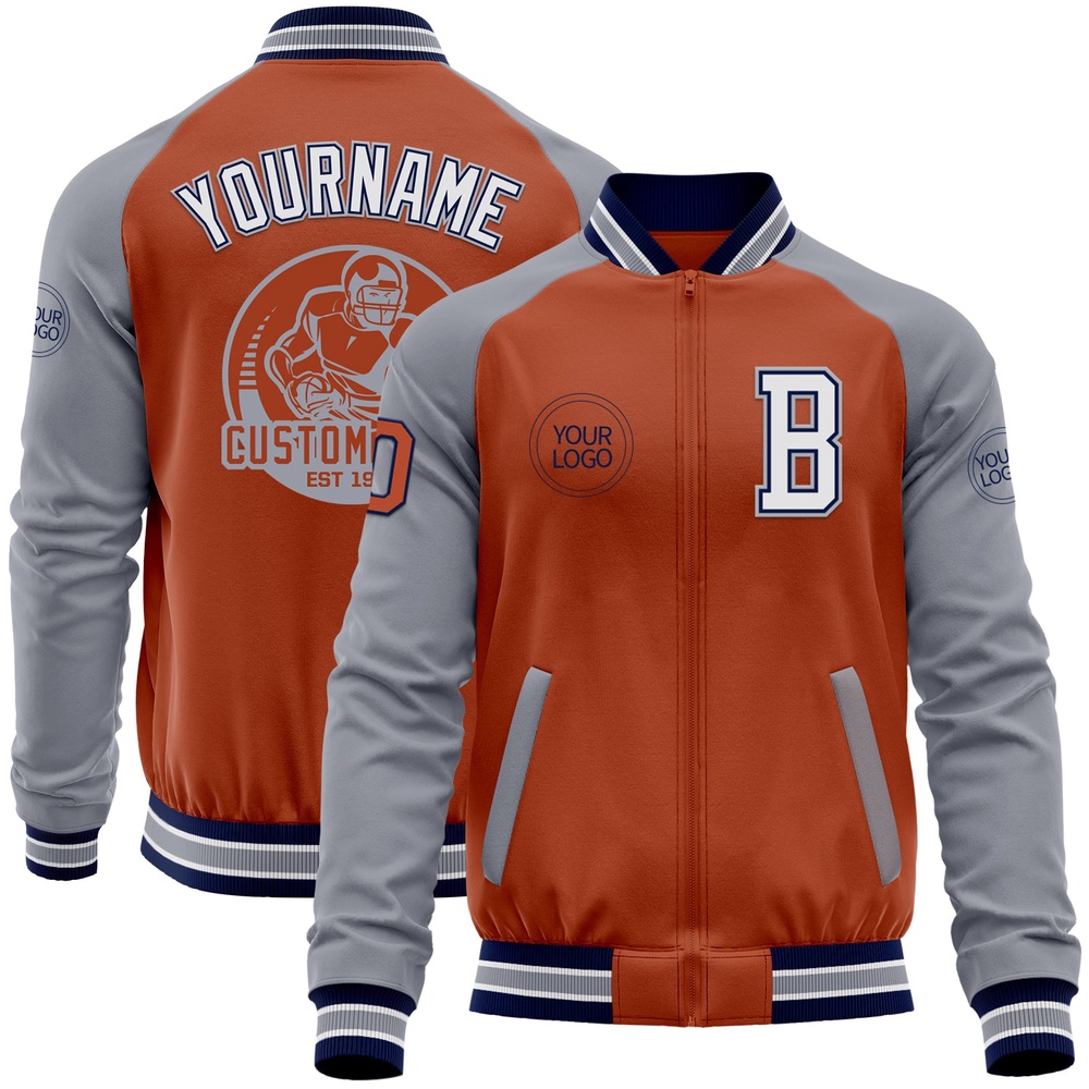 Custom Texas Orange Navy Gray Bomber Varsity Baseball Jacket, Custom Team Jacket