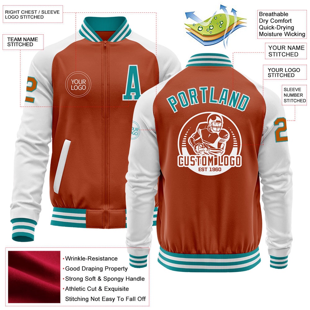 Custom Texas Orange Teal White Bomber Varsity Baseball Jacket, Custom Team Jacket