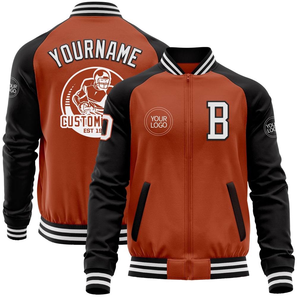 Custom Texas Orange White Black Bomber Varsity Baseball Jacket, Custom Team Jacket
