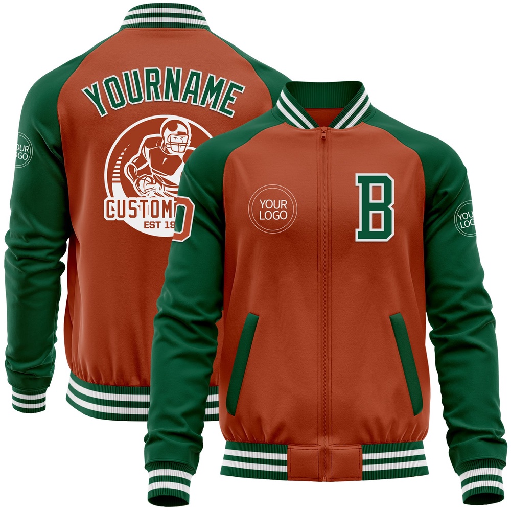 Custom Texas Orange White Kelly Green Bomber Varsity Baseball Jacket, Custom Team Jacket
