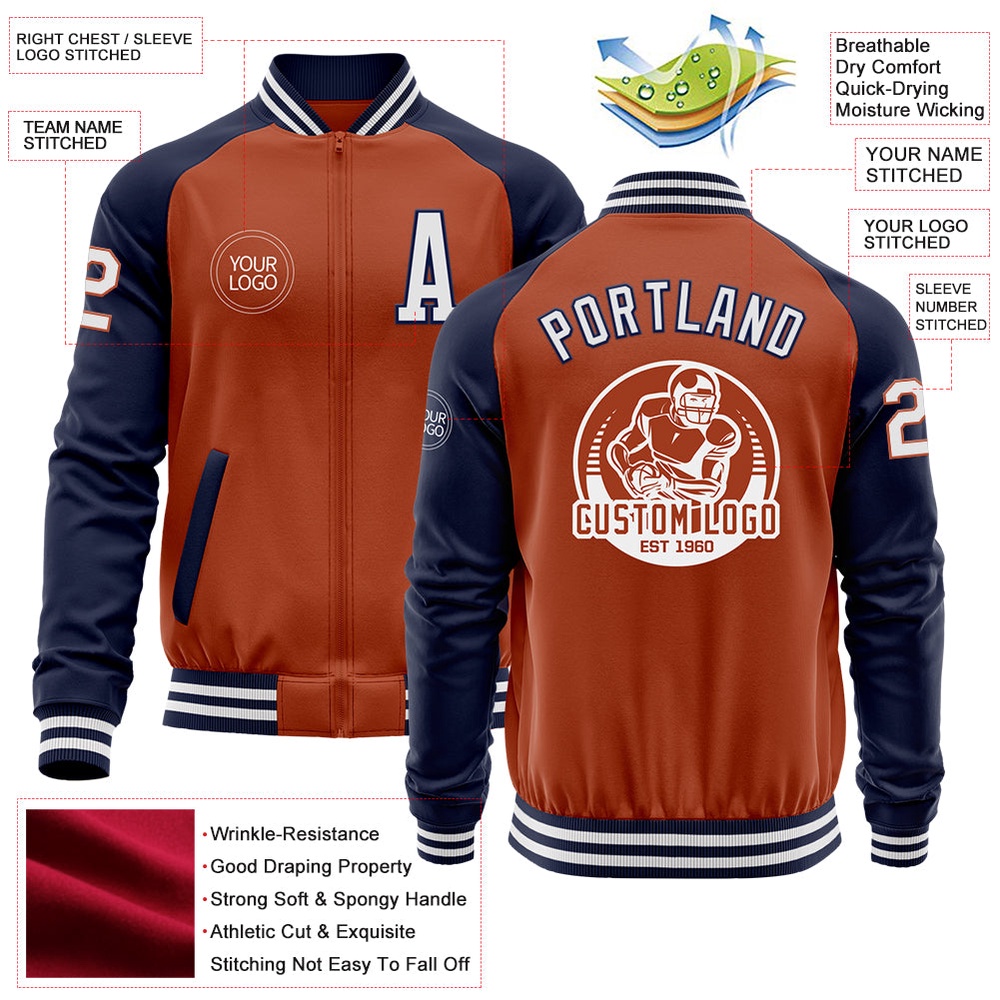 Custom Texas Orange White Navy Bomber Varsity Baseball Jacket, Custom Team Jacket